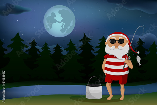Santa Claus caught fish in river. Night fishing. Vector illustration.