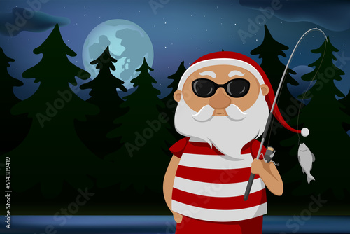 Santa caught fish. Night fishing. Vector illustration.
