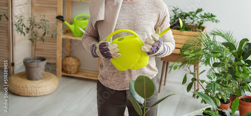 Young man watering plants a...
