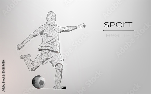 Soccer player hitting the ball. soccer the most famous game in the world. healthy lifestyle particle divergent composition vector illustration. plexus. wireframe. low poly. dark-blue background.