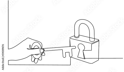 Continuous one line drawing of the concept of a hand holding a key with a padlock around. Lock and padlock icon. Success keys, solutions, opportunities and safety concept in doodle style.