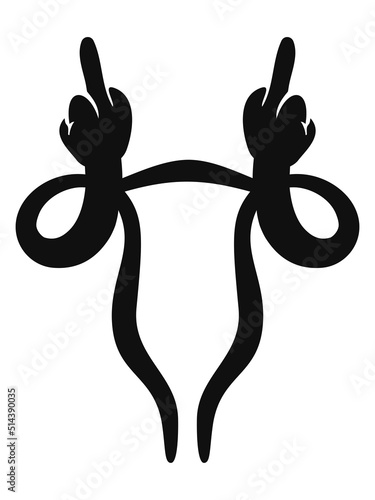 Uterus with ovaries rude middle finger my body my choice. Black symbol of protest, women's rights, feminism concepts. Copy space. Roe v Wade Vector illustration on white background. For posters