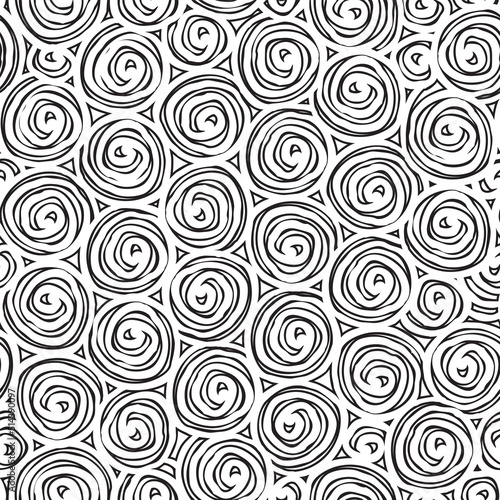 Abstract seamless pattern with spiral doodles on light backdrop. Squiggle freehand texture. Vector repeating background, graphic print for wallpaper, wrapping paper, fabric. Antistress contour drawing