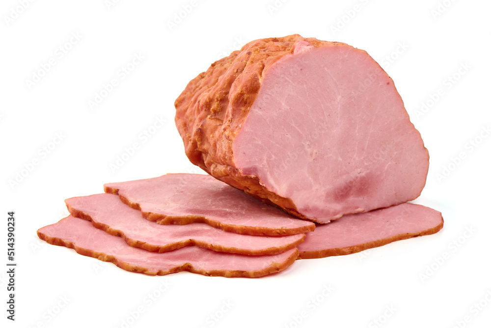 Hot stuffed pork ham slices, isolated on white background.