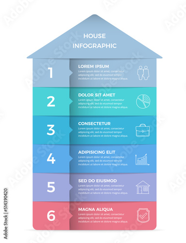 Infographic template with house divided on six elements with place for text and icons