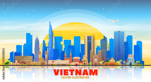 Vietnam (Ho Chi Minh, Hanoi and other) skyline with panorama at sky background. Vector Illustration. Business travel and tourism concept with modern buildings. Image for banner or web site.