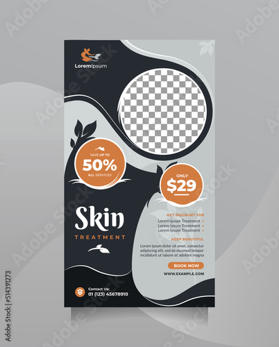 Creative and modern beauty skin and body care center design social media story post and banner. Vector template promotion of hair spa and salon, yoga, meditation, cosmetic sale, skin treatment, etc