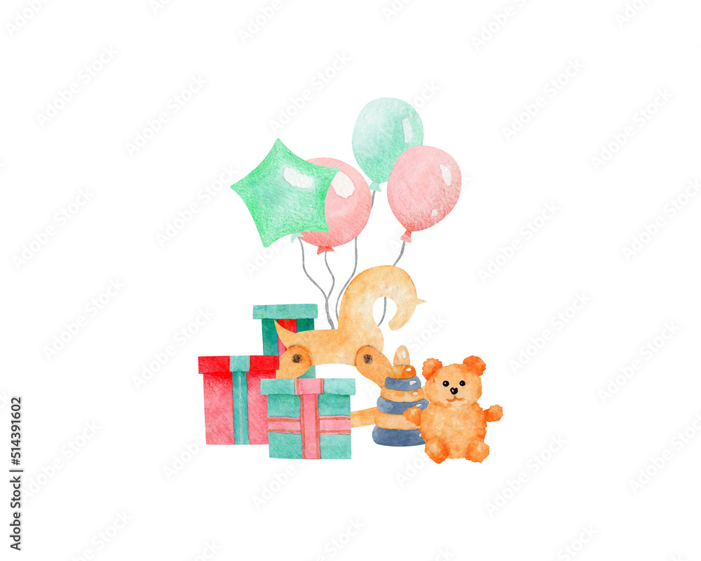 Baby watercolor illustration on isolated white background. Teddy bear, balloon, gifts. For designing greeting cards, social media, stationery, printing on objects, etc. Baby watercolor illustration on isolated white background. Teddy bear, balloon, gifts. For designing greeting cards, social media, stationery, printing on objects, etc.
