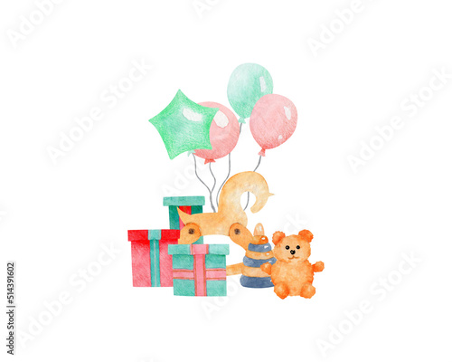 Baby watercolor illustration on isolated white background. Teddy bear, balloon, gifts. For designing greeting cards, social media, stationery, printing on objects, etc. © AnnaHebi
