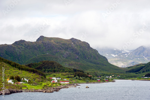 Panoramic view of the Norwegian coast, in Leknes from a cruise ship