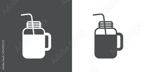 Mason jar icon. Logo smoothie bar. Vector con silueta de jarra y pajita para beber. Fondo gris y fondo blanco