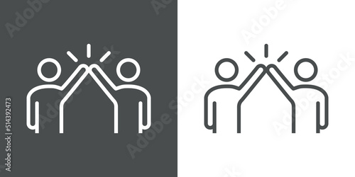Logo give five. Icono con silueta de dos hombres con gesto de mano en alto. Vector con líneas en fondo gris y fondo blanco