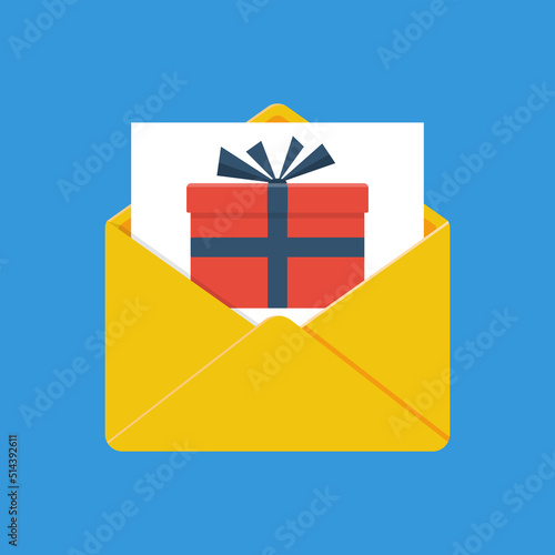 Surprise in an envelope. Gift in the envelope. Vector illustration flat design. Isolated on white background. The envelope is template. Can be used as for text.