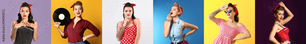 Fototapeta premium Set of beautiful pin-up women on colorful background