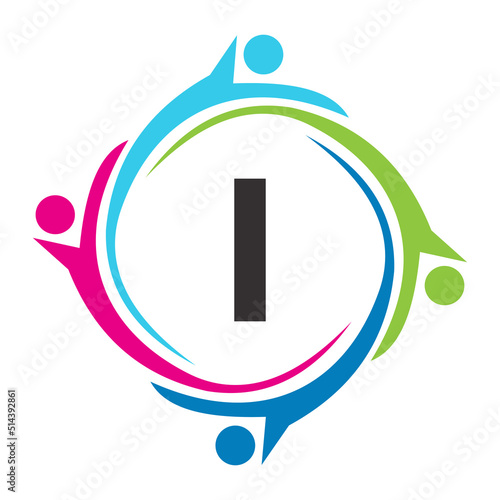 Letter I Teamwork Logo Unite Symbol. Charity Sign Community Health Care Union Logotype