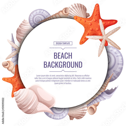 Decorative frame with shells, starfish isolated on white. Round wreath with nautical elements and underwater animals for postcards, nautical party invitations. Cartoon vector illustration