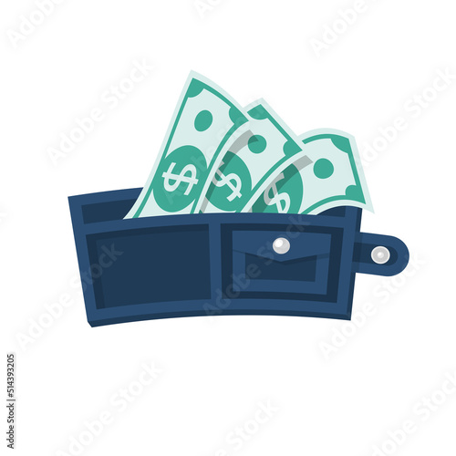 Money making concept. Vector illustration flat design. Isolated on background. Wallet full of money. Earning big cash.