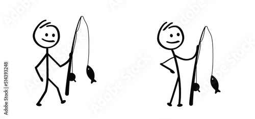 Cartoon drawing stickman, stick figure man with casting rod. fishing symbol. Fish line pattern. Fisherman with fishing rod. Hobby fisher man concept icon or pictogram. Float, fishing line and hook