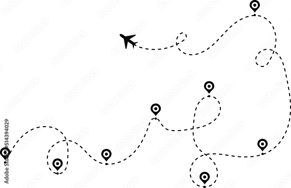 Airplane path in a dotted line shape. Airplane line routes set. Aircraft tracking. location pins isolated on white background Airplane path in a dotted line shape. Airplane line routes set. Aircraft tracking. location pins isolated on white background