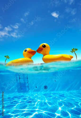 Two kissing half inflatable swimming ducks underwater split shot