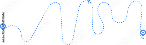Airplane path in a dotted line shape. pin map marker pointer sign. Airplane line path travel icon. Aircraft tracking, planes travel dot line