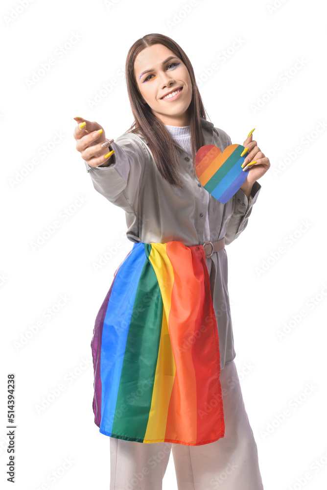 Portrait of stylish young transgender woman with rainbow heart on white background Portrait of stylish young transgender woman with rainbow heart on white background