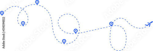 Airplane path in a dotted line shape. Airplane line routes set. Aircraft tracking. location pins isolated on white background