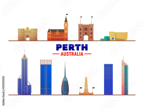 Perth Australia most famous landmarks on white background. Vector Illustration. Business travel and tourism concept with modern buildings. Image for banner or web site