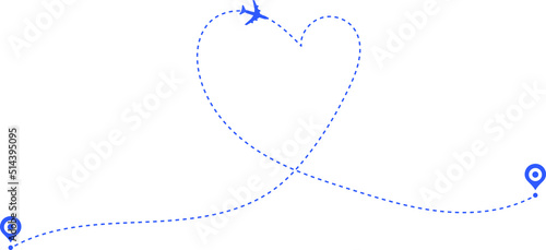 pin map marker pointer sign. Airplane line path travel icon. Aircraft tracking, planes travel dot line. Romantic travel heart dashed line trace