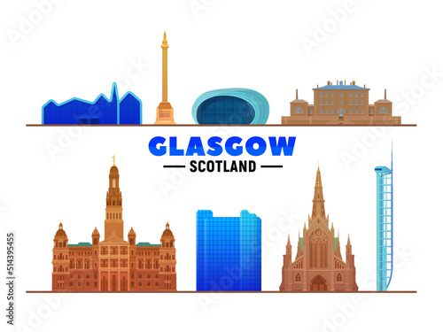 Glasgow Scotland (UK) top landmarks on white background. Vector Illustration. Business travel and tourism concept with modern buildings. Image for banner or web site.