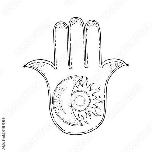 Hand of Fatima. Palm with five fingers. Lunar crescent sun. Ancient religion sign. Symbol divine power. Prayer amulet. Hand drawn vector illustration. Gods hand.