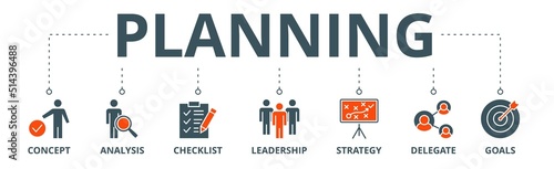 Planning banner web icon vector illustration concept with icon of concept, analysis, checklist, leadership, strategy, delegate and goals