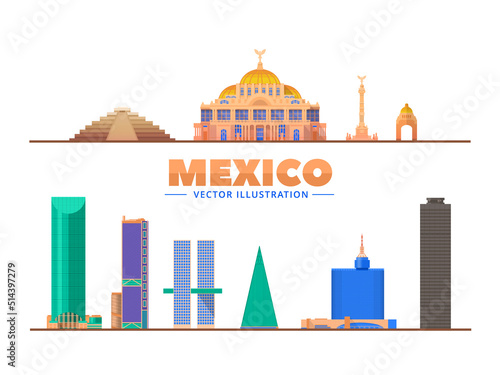 Mexico City landmarks and monuments isolated on white background.