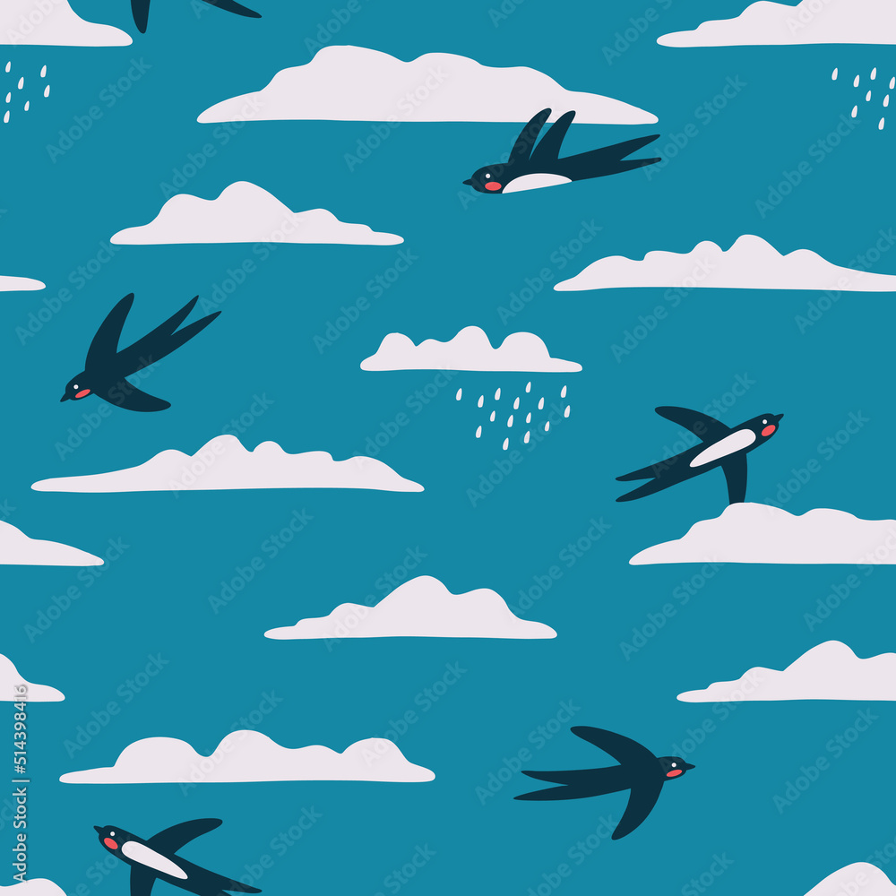 Obraz premium Swallow in the sky seamless pattern. Vector art.