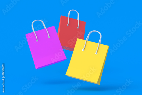 Flying paper shopping bags. Product discounts. Big sale. 3d render