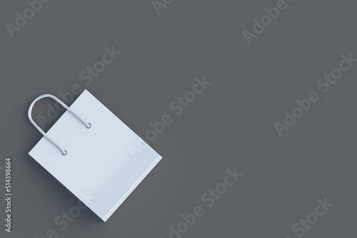 White blank shopping bag in corner. Product discounts. Big sale. Copy space. Top view. 3d render