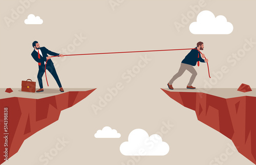 Businessman uses a rope to pull his companion to the cliff.