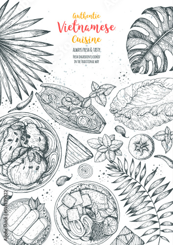 Vietnamese food top view frame. A set of vietnamese dishes . Food menu design template. Hand drawn sketch vector illustration. Engraved style.