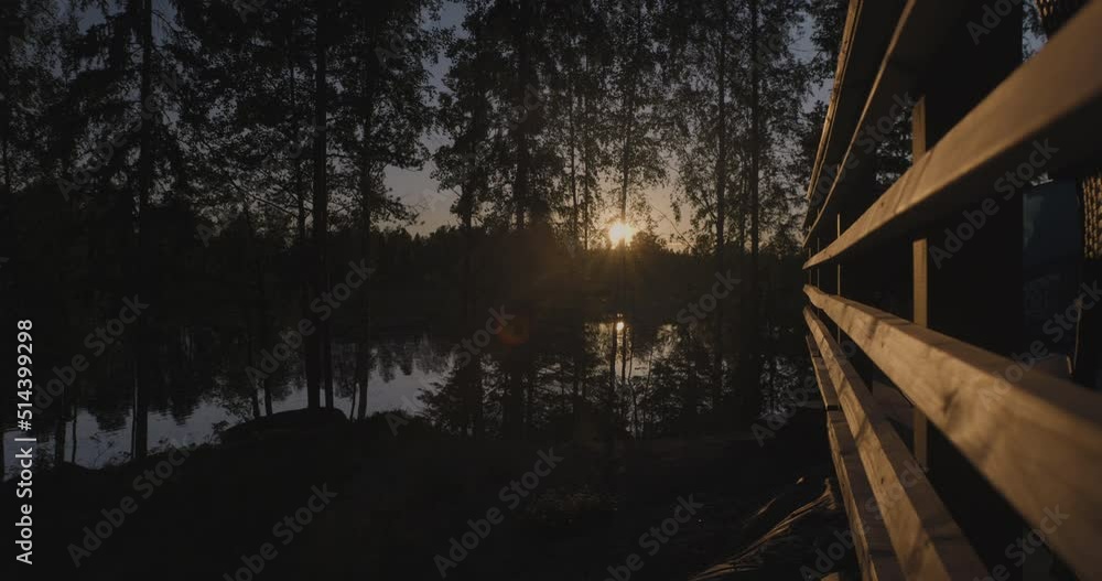 Nordic Summer Cabin And Sunset Over Lake, Nordic Vacation Scene Nordic Summer Cabin And Sunset Over Lake, Nordic Vacation Scene