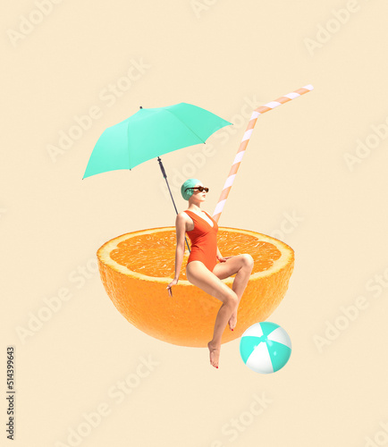 Contemporary art collage. Young woman in stylish swimming suit and sunglasses sitting on orange under beach umbrella photo