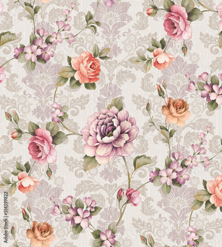 Fototapeta Naklejka Na Ścianę i Meble -  Seamless watercolor floral pattern - pink flowers, branches of green leaves on a background of damask pattern; for wallpapers, postcards, greeting cards, wedding invitations, romantic events.