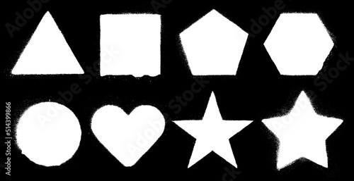 Geometric stencil spray paint shapes. Circle, triangle, square, pentagon, hexagon. Airbrush graffiti stamps, stencil paint with rusty edges. Eps10 vector