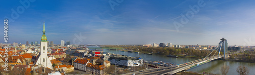 Panorama with new bridge and Danube river in Bratislava