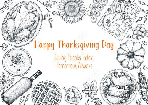 Thanksgiving day top view vector illustration. Food hand drawn sketch. Festive dinner with turkey and potato, apple pie, vegetables, fruits and berries, cheese. Autumn food sketch. Engraved image.