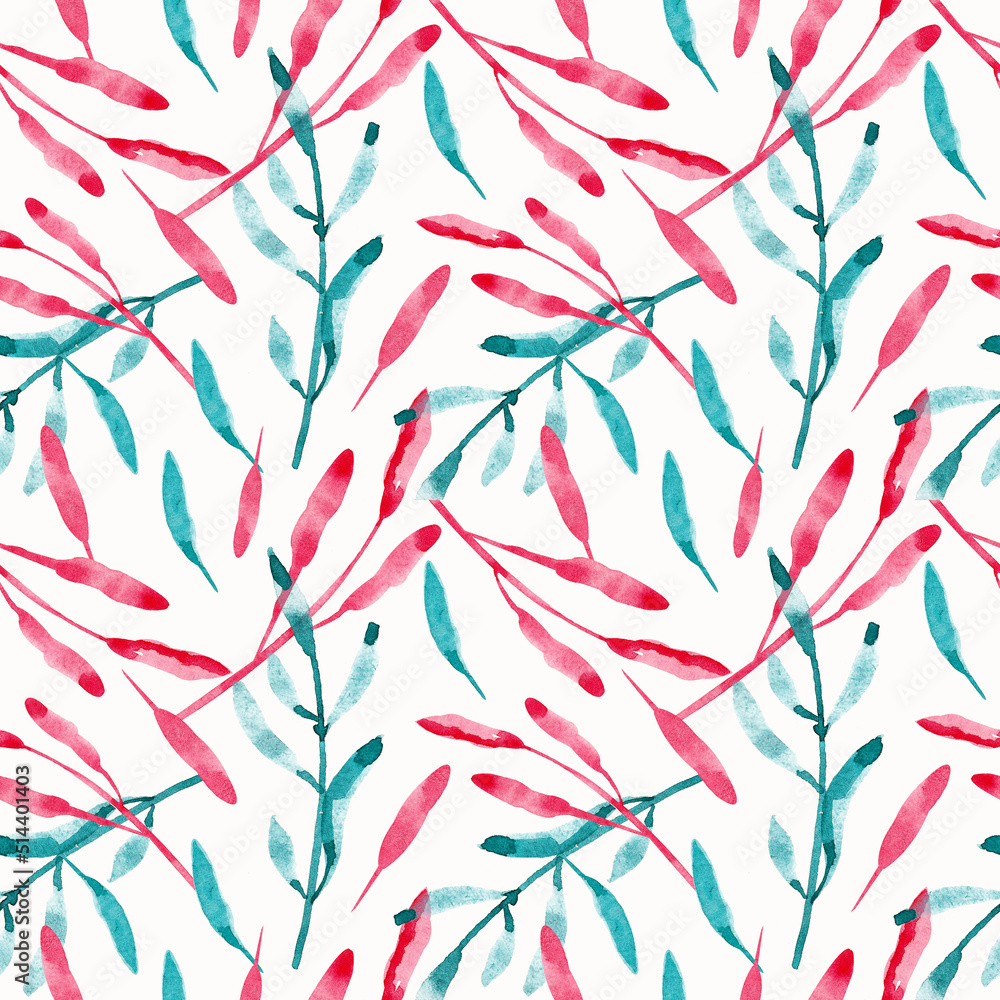 Seamless pattern with pink and turquoise branches on a white background. Watercolor illustration. Floral background. Plants. Nature. Leaves. Print on fabric and paper. Handmade work. Art. Design. Seamless pattern with pink and turquoise branches on a white background. Watercolor illustration. Floral background. Plants. Nature. Leaves. Print on fabric and paper. Handmade work. Art. Design.