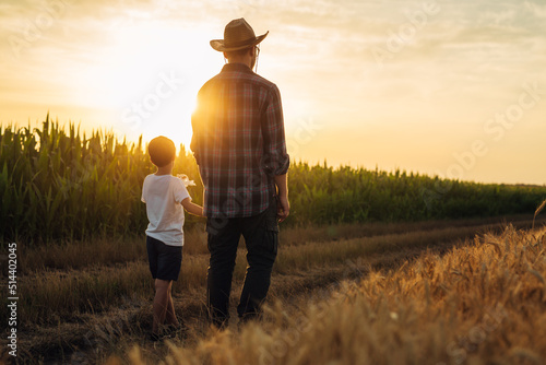 father and son holding hands walking on country road on wheat field