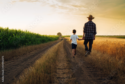father and son holding hands walking on country road on wheat field © cherryandbees