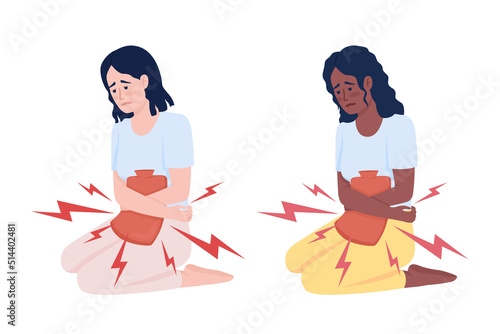 Women using heating pad for cramps semi flat color vector character set. Editable figures. Full body people on white. Simple cartoon style illustration collection for web graphic design and animation