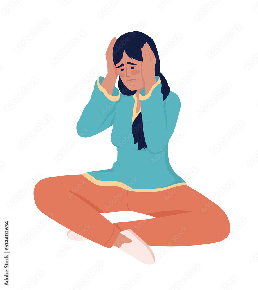 Unhappy young woman clutching head semi flat color vector character. Editable figure. Full body person on white. Depression simple cartoon style illustration for web graphic design and animation