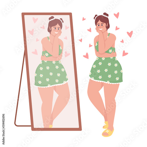 Happy curvy woman looking in mirror semi flat color vector character. Editable figure. Full body person on white. Body positive simple cartoon style illustration for web graphic design and animation